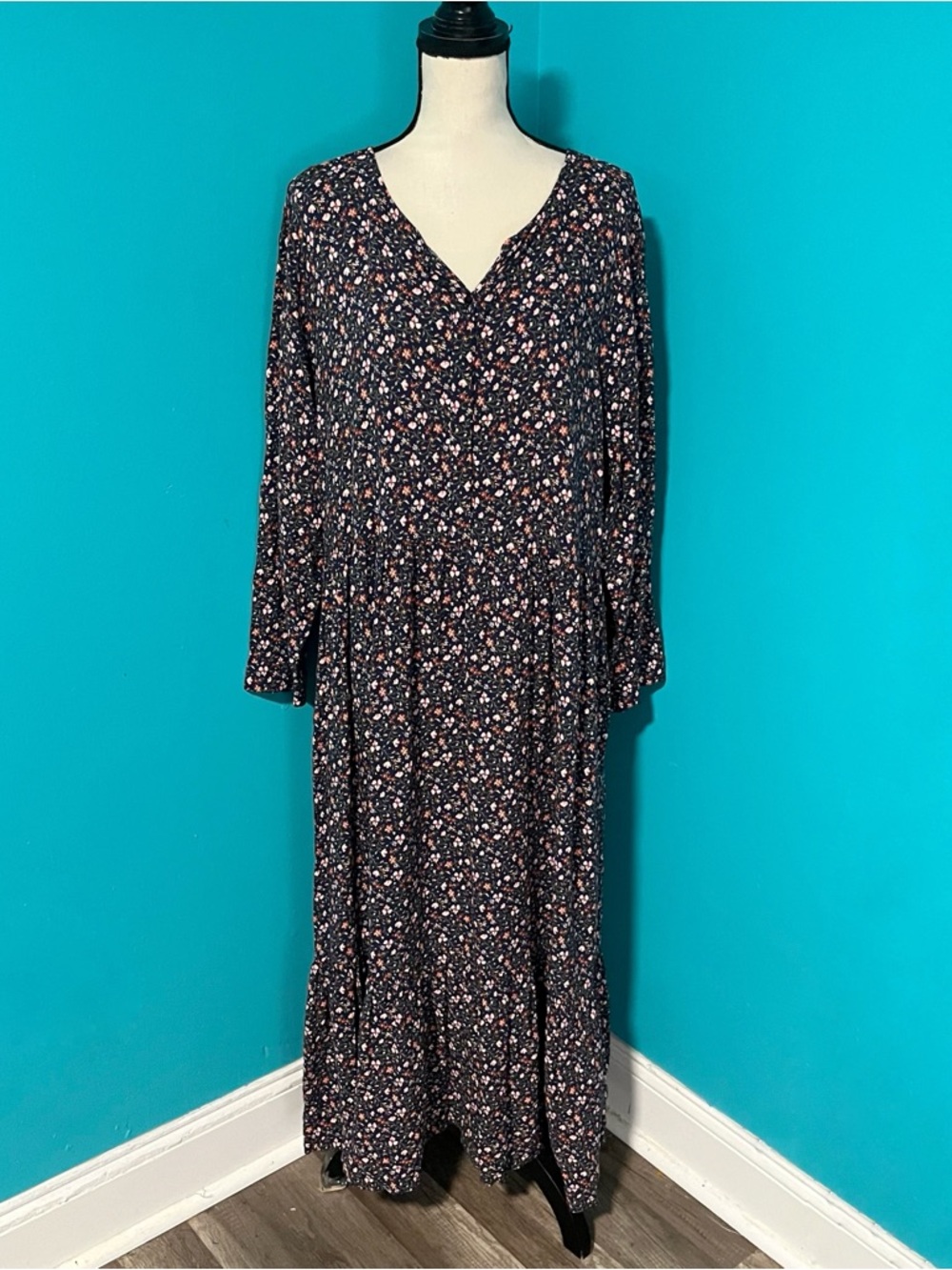 Old Navy XL Navy Blue Floral Print Half Button Up Long Sleeve Maxi Dress